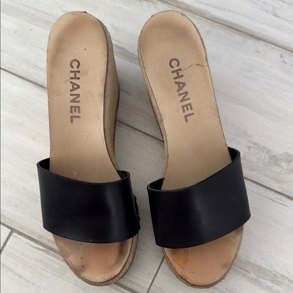 CHANEL Black Leather Slip-On Clogs